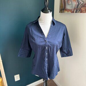 NEW YORK & COMPANY V-Neck Button-down Navy Blouse